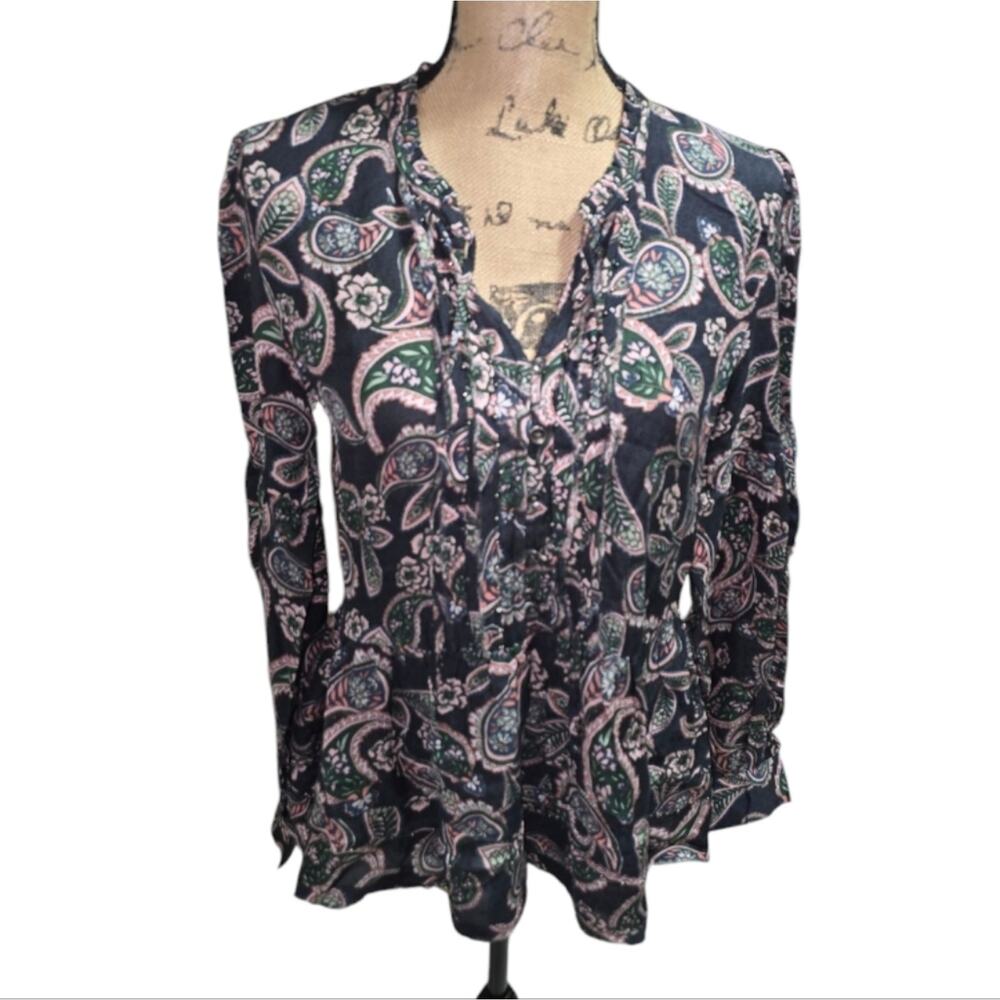 William Rast Womens Navy Pink Paisley Sequin Peplum Peasant Blouse Top Small